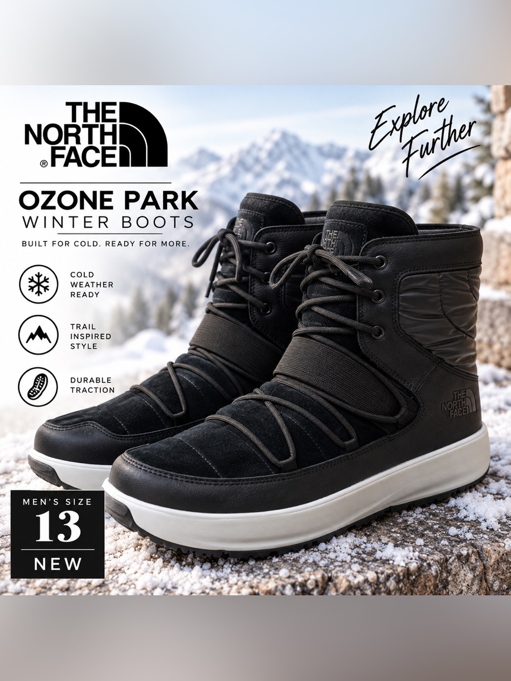 The North Face Ozone Park Winter Boots Black Men’s Size 13 *NEW*